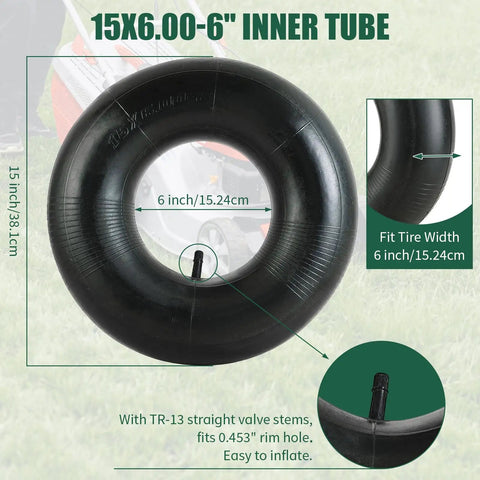 Two Pack Heavy Duty Inner Tubes 15x6.00-6 With TR-13 Valve Stem for lawn mowers tractors ATVs, showing dimensions and details.
