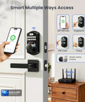 Built In WiFi Fingerprint Smart Lock With Lever Handle Set No Hub Needed App Remote Control Keyless Front Door Entry Deadbolt With Digital Backlit Keypad Voice Assistant Auto Lock Matte Black on white door.