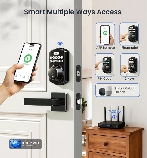 Built In WiFi Fingerprint Smart Lock With Lever Handle Set No Hub Needed App Remote Control Keyless Front Door Entry Deadbolt With Digital Backlit Keypad Voice Assistant Auto Lock Matte Black on white door.