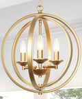 Gold Orb Three Light Chandelier With Adjustable Ring Orbits Modern Globe Hanging Lights Fixture in dining room view