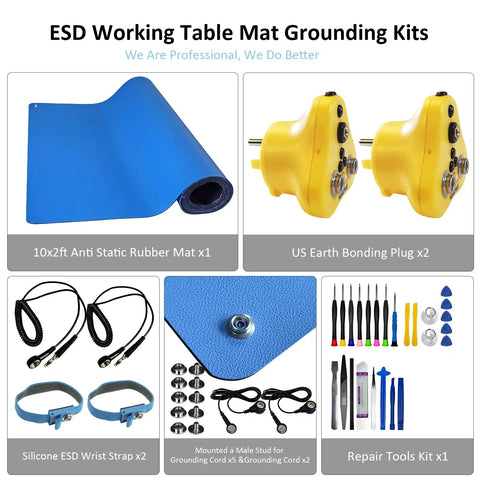 All In One 37 In 1 ESD Rubber Workbench Mat, 10x2ft Textured Non Slip Surface, kit components with grounding tools and mats.