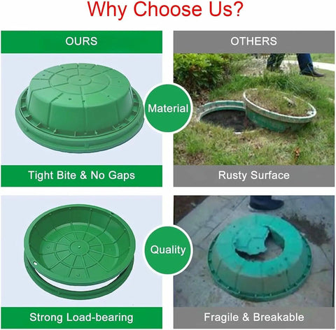 Comparison of Heavy-Duty Resin Garden Manhole Cover With Frame And Access Hole For Lawn And Landscape Drainage against a damaged cover
