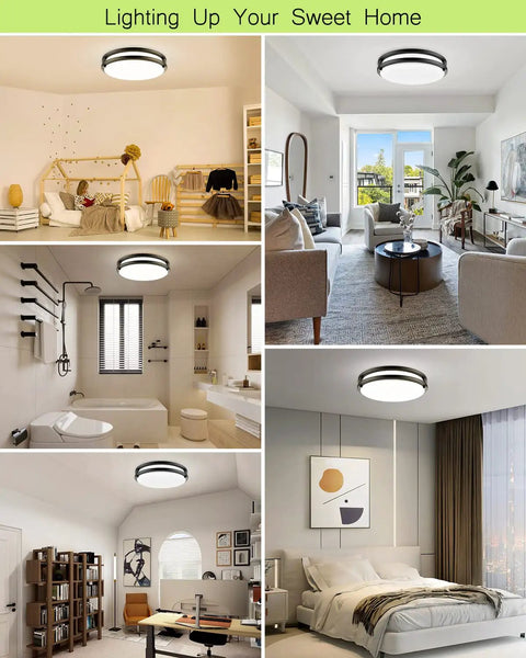 Energy Saving LED Flush Mount Ceiling Light 13 Inch 40W 4000 Lumen Dimmable Kitchen Fixture With Adjustable 3000K 4000K 5000K Color Temp Black Pack shown in various rooms