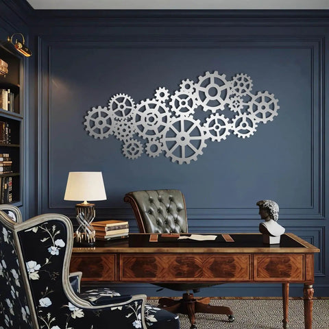 Kickass Steampunk Gear Wheel Metal Wall Decor For Living Room Or Man Cave Vintage Industrial Factory Style Wall Art Pieces on blue wall.