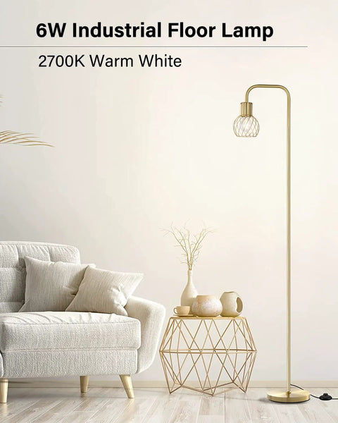 Brass Gold Standing Floor Lamp With 6W LED Bulb Foot Switch Tall Metal Stand Modern Industrial Minimalist Farmhouse Boho Style