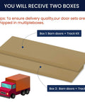Two boxes containing Space Saving Bifold Barn Door Kit 60 By 84 Inches White MDF Bi Fold Sliding Closet Doors with hardware included.