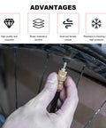 Hand using Heavy Duty Brass Air Nozzle With Quick Connector For Tire Inflation on a bicycle wheel, showing 1/4 inch NPT chuck and valve.
