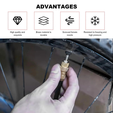 Hand using Heavy Duty Brass Air Nozzle With Quick Connector For Tire Inflation on a bicycle wheel, showing 1/4 inch NPT chuck and valve.