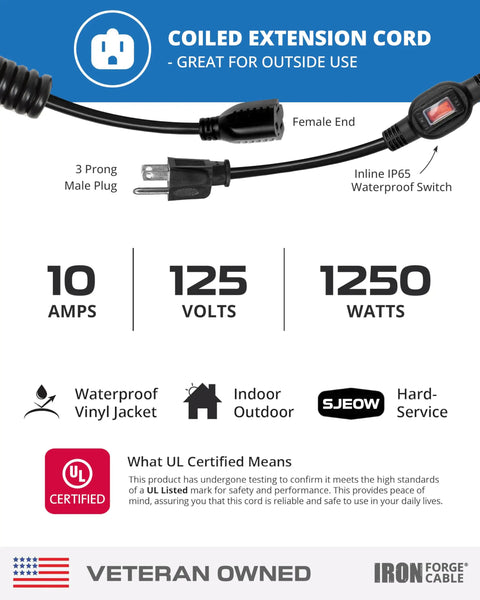 Slick Eight Foot Coiled Extension Cord With 16 Gauge Copper Wiring And Rock Solid Waterproof Power Switch for outdoor use.