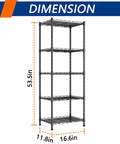 Built Tough Five Tier Wire Shelving Unit Black Metal Storage Rack With Adjustable Height For Laundry Room Kitchen Pantry Closet showing dimensions 53.5H x 16.6W x 11.8D.