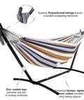 Double Hammock With Steel Stand Included 450Lb Capacity Portable Backyard Camping Garden Hammock With Premium Carry Bag And Anti Roll Balance Beams In Brown Stripes set up on patio.