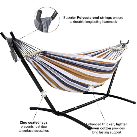 Double Hammock With Steel Stand Included 450Lb Capacity Portable Backyard Camping Garden Hammock With Premium Carry Bag And Anti Roll Balance Beams In Brown Stripes set up on patio.