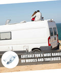 Trailer Lift Gate Latch For RV, Caravan, And Utility Trailers, secure fastening latch displayed on RV at beach