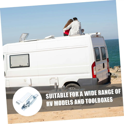 Trailer Lift Gate Latch For RV, Caravan, And Utility Trailers, secure fastening latch displayed on RV at beach
