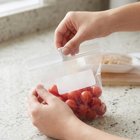 40 Pack Vacuum Storage Bag Sealing Clips With Sliding Grip Zipper Bag Sealer sealing bag of tomatoes on countertop