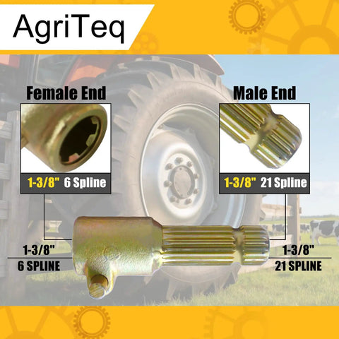Badass PTO Spline Changer Adapter Fits 1-3/8 6 Spline Female To 21 Spline Male Tractor Power Takeoff showing both ends.