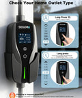 Heavy Duty 40A Level 2 Electric Vehicle Charger With Smart App Tracking For Tesla All Car Brands showing outlet type and adjustable current options.