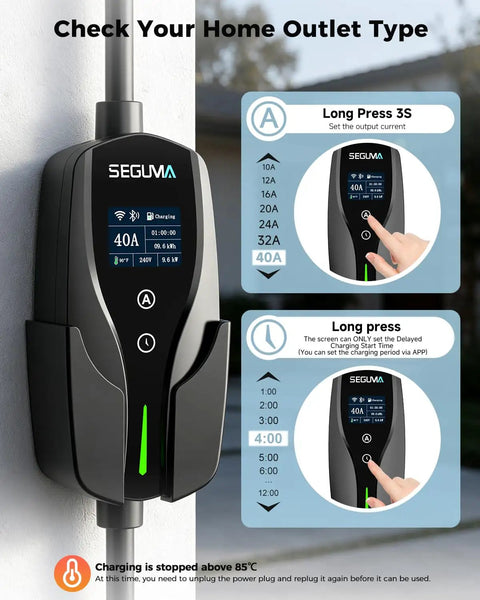 Heavy Duty 40A Level 2 Electric Vehicle Charger With Smart App Tracking For Tesla All Car Brands showing outlet type and adjustable current options.