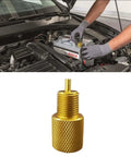 Shop Grade Brake Proportioning Valve Bleeder Tool For Non Adjustable Combination Valves Delivering No Sweat Disc And Drum Adaptation With Gnarly Quick Bleed Flow In Durable Gold Build with a gold aluminum tool being used in a car engine.