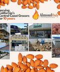 Collage of almond firewood logs delivery to California's grocers, Almond Only logo, emphasizing local service.