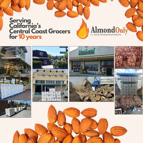 Collage of almond firewood logs delivery to California's grocers, Almond Only logo, emphasizing local service.