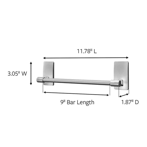 Satin Nickel Hand Towel Bar With 4 Water Resistant Strips, 9 Inch Holder, 11.78" length, 3.05" width, damage free mount for bathroom.