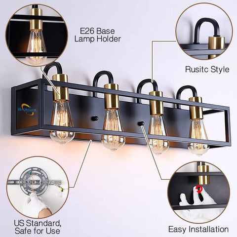 Matte Black 4 Light Vanity Fixture in Rustic Industrial Style for Bathroom Over Mirror, Dope Vintage Charm Wall Light for Vanity and Lounge, Industrial Style Bath Lighting