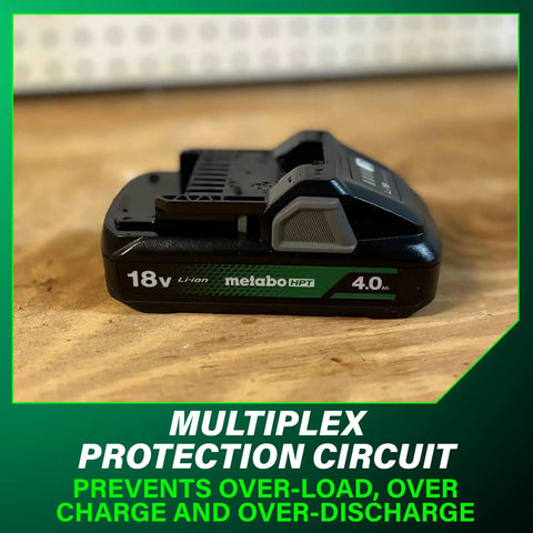 Lightweight 18V 4.0Ah Lithium Battery With Fuel Indicator And 1.3 Lbs Weight For All 18V Tools 30 Percent Longer Run Time Multiplex Protection Circuit Easy Battery Gauge BSL1840M Compatible on wooden surface