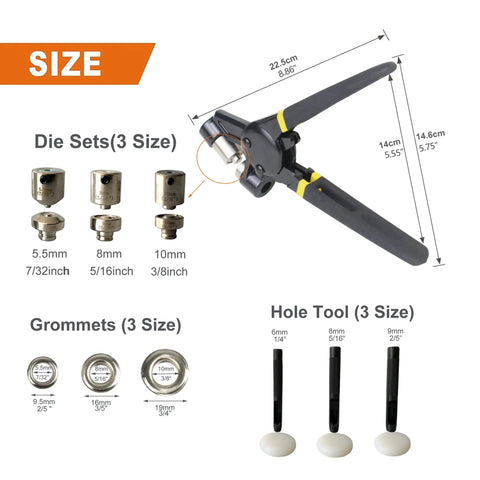 All In One Grommet Tool Kit With Interchangeable Dies showcasing tool measurements and die sets for 5.5mm, 8mm, 10mm sizes.