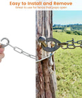 One Eighth Inch Stainless Steel Gate Chain Lock For Outdoor Fences Adjustable 28 Inch Gate Link Chain With One Fifth Inch Carabiners Built For Heavy Duty Use Tough As Nails Yard Gates Pet Cages Garden Doors Silver shown installed on wooden post