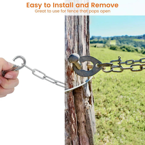 One Eighth Inch Stainless Steel Gate Chain Lock For Outdoor Fences Adjustable 28 Inch Gate Link Chain With One Fifth Inch Carabiners Built For Heavy Duty Use Tough As Nails Yard Gates Pet Cages Garden Doors Silver shown installed on wooden post