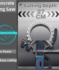 Boss Level Brushless Concrete Circular Saw Featuring Smart Auto Water Drip Tech For Smooth Dust Free Granite And Brick Wall Slotting Cutting Up To 27cm Depth At Snappy 3000Rpm Cruising Speed, displaying cutting depth and blade.