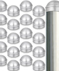 20 Pcs Round Dome Fence Post Caps For Chain Link Fences Aluminum External Post Caps Two And Three Eighths Inch Outside Diameter Built To Last Outdoor Weatherproof Corrosion Resistant Silver displayed next to a fence post