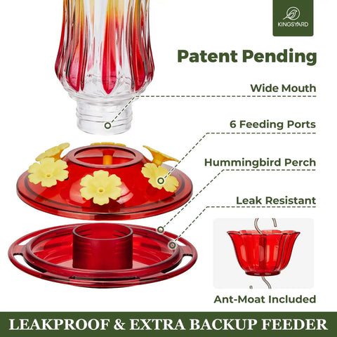 Glass Hummingbird Feeder For Outdoors Hanging 25 Oz Leak Proof Red With Ant Moat And Six Bee Proof Feeding Ports shown in parts