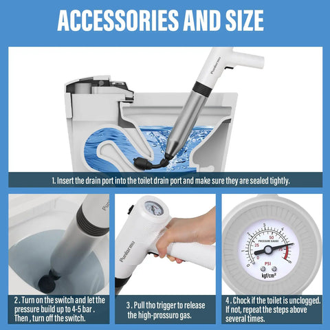 Heavy Duty Electric Toilet Plunger That Cracks Open Stubborn Clogs Fast, High Pressure Air Jet Drain Opener setup guide with accessories.