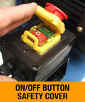 On/off button safety cover for Heavy Duty Benchtop Belt And Disc Grinder Featuring A Badass 2 X 40 Inch Sanding Belt And 6 Inch Grinding Wheel.