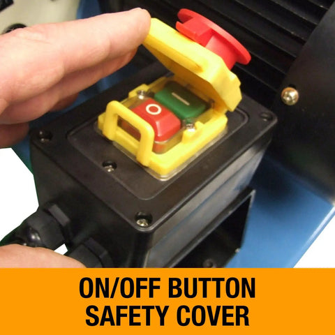 On/off button safety cover for Heavy Duty Benchtop Belt And Disc Grinder Featuring A Badass 2 X 40 Inch Sanding Belt And 6 Inch Grinding Wheel.