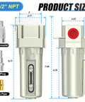 Dimensions and components of Pro Grade Industrial One Half Inch NPT Compressed Air Desiccant Drying System with aluminum construction