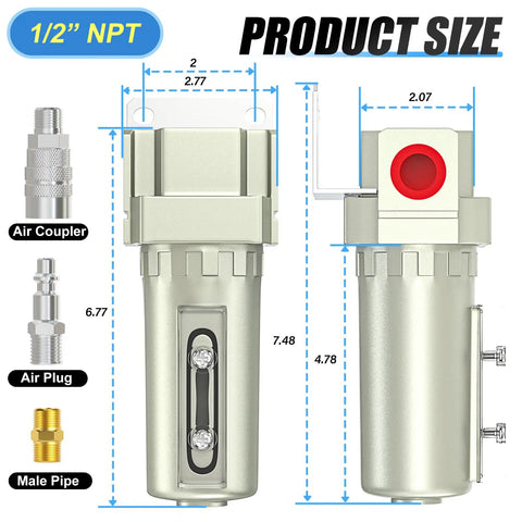 Dimensions and components of Pro Grade Industrial One Half Inch NPT Compressed Air Desiccant Drying System with aluminum construction