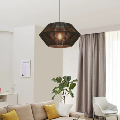 One Light Modern Twine Pendant With Matte Black Canopy And Shade, Natural Jute Twine, Cloth Cord, Hygge Inspired Hanging Light in a living room setting