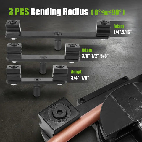 Super Stars Hydraulic Tubing Pipe Bender Kit 1/4 Inch To 7/8 Inches showing three adaptors for different bending radii.