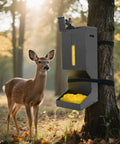 Heavy Duty Metal Deer Feeder With Gravity Dispenser For Protein And Corn Feed Built Like A Tank Rock Solid Galvanized Steel hanging on tree with deer nearby.
