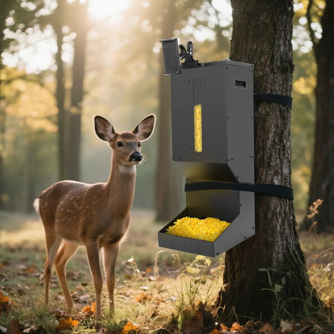 Heavy Duty Metal Deer Feeder With Gravity Dispenser For Protein And Corn Feed Built Like A Tank Rock Solid Galvanized Steel hanging on tree with deer nearby.