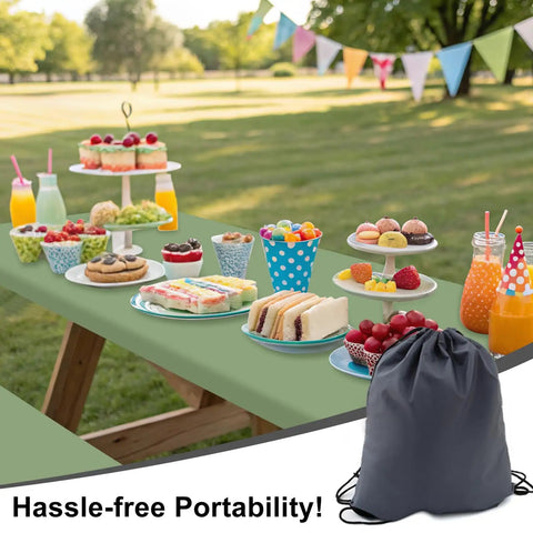 Sage green Waterproof Picnic Table Cover With Bench Covers For 6 Ft Rectangular Tables, food setup, outdoor event, carry bag.