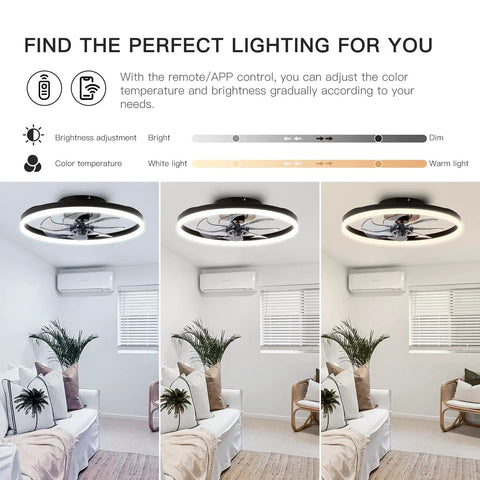 Living room with Bladeless Low Profile Ceiling Fan With Light Remote Control 19.7 Inch Diameter Flush Mount Black LED Ceiling Fixture.