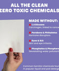 Heavy Duty Laundry Detergent Sheets Featuring 3x Stain Fighting Enzymes Kick Grease And Sticky Messes To The Curb Non Toxic Eco Friendly Formula That Hits Different And Leaves Clothes Spotless, shown in hand listing harmful chemicals.