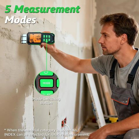 Man using No Sweat Pinless Moisture Meter For Scanning Wood Drywall And Concrete Without Holes Or Marks for measurements.