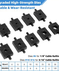 Close-up of nine black oxide dies for Upgraded Hydraulic Crimping Tool For One Eighth And Three Sixteenths Stainless Steel Cable Railing Kits.