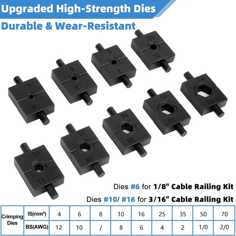Close-up of nine black oxide dies for Upgraded Hydraulic Crimping Tool For One Eighth And Three Sixteenths Stainless Steel Cable Railing Kits.