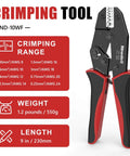 Ferrule Crimping Tool For 24-8 AWG Wire, Ratchet Crimp Tool For Ferrule Connectors and Electrical Wire Terminals, Pro Grade Crimper Pliers shown with range and specifications.